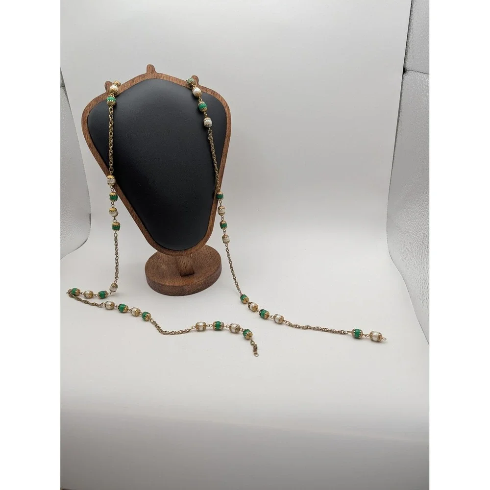 Vintage Unsigned Gold Tone Green Cream Bead Necklace Adjustable Ring Set Broken